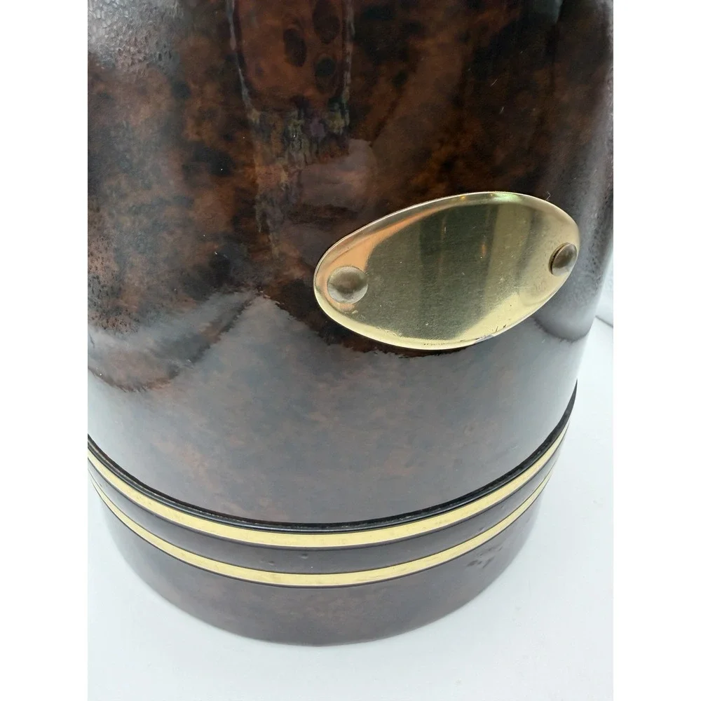 Vintage Faux Burl Wood Ice Bucket Brass Tone MCM Barware Vinyl Woodgrain